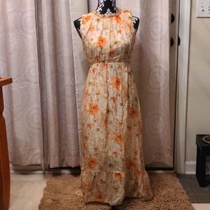 Le Ragazze Italian-Made Sleeveless Cream/Orange-Tones Midi Dress, Size Medium